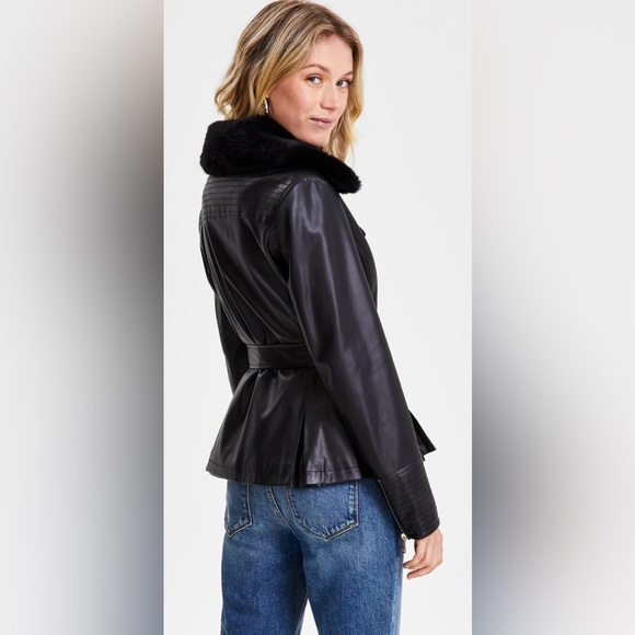 🆕 Guess Women's Faux-Fur Trim Faux- Leather Asymmetric Belted Jacket Small - Picture 2 of 8